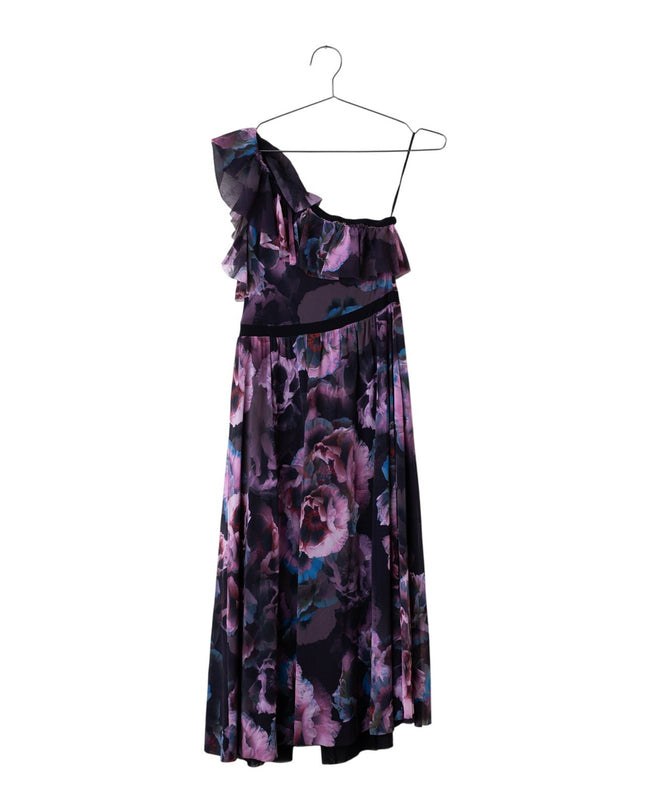 Fuzzi Tulle One Shoulder Purple Flora Gown