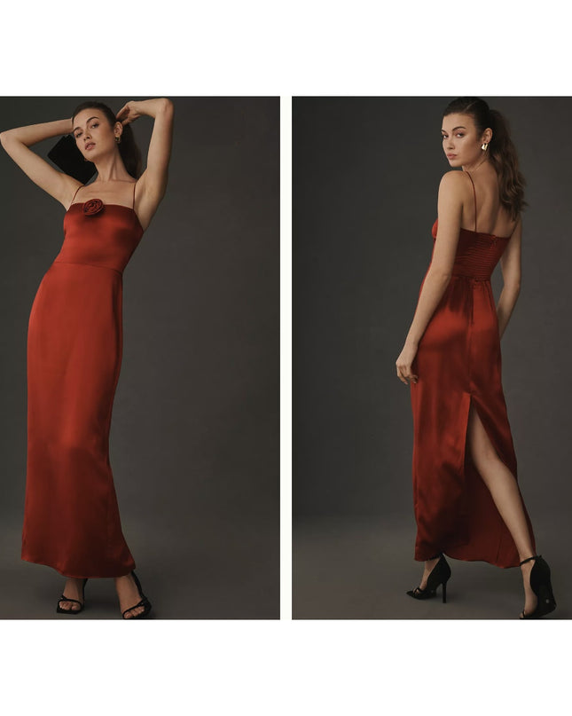 REFORMATION Red Frankie Rosette Sleeveless Silk Maxi Dress