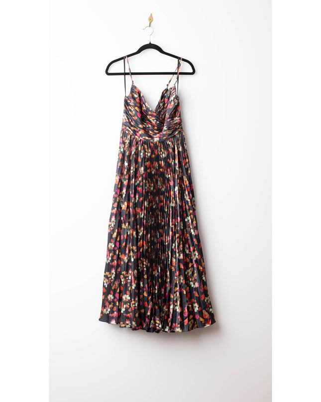 Ieena for Mac Duggal Pleated Printed Charmeuse Asymmetrical Midi Dress