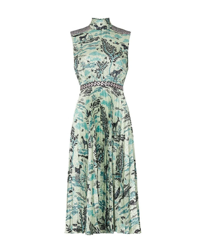 SALONI Fleur E Green Floral Printed Satin Dress