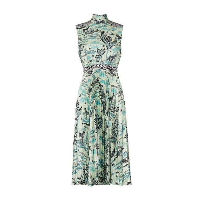 SALONI Fleur E Green Floral Printed Satin Dress