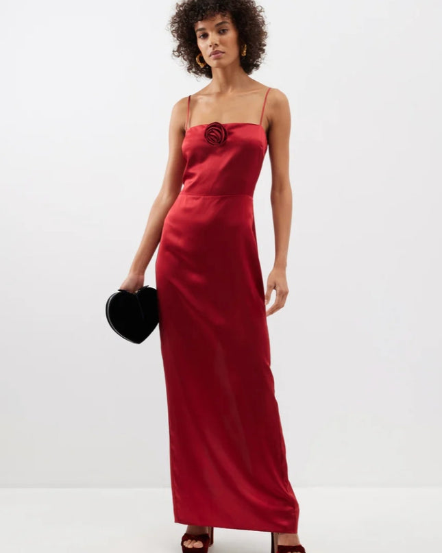 REFORMATION Red Frankie Rosette Sleeveless Silk Maxi Dress