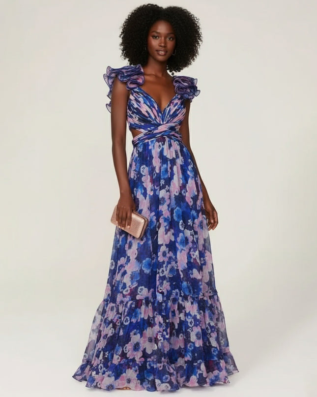 Ieena for Mac Duggal Blue Floral Cutout Gown