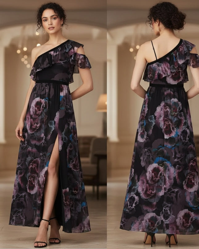 Fuzzi Tulle One Shoulder Purple Flora Gown