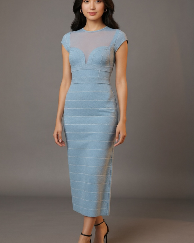 Hervé Léger Blue Bandage Sheer Bustier Gown