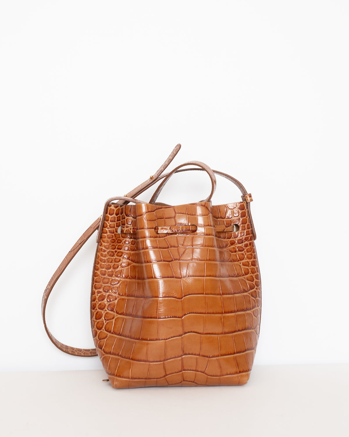 Mansur Gavriel Mini Croc-Embossed Leather Bucket Bag – Cognac Brown