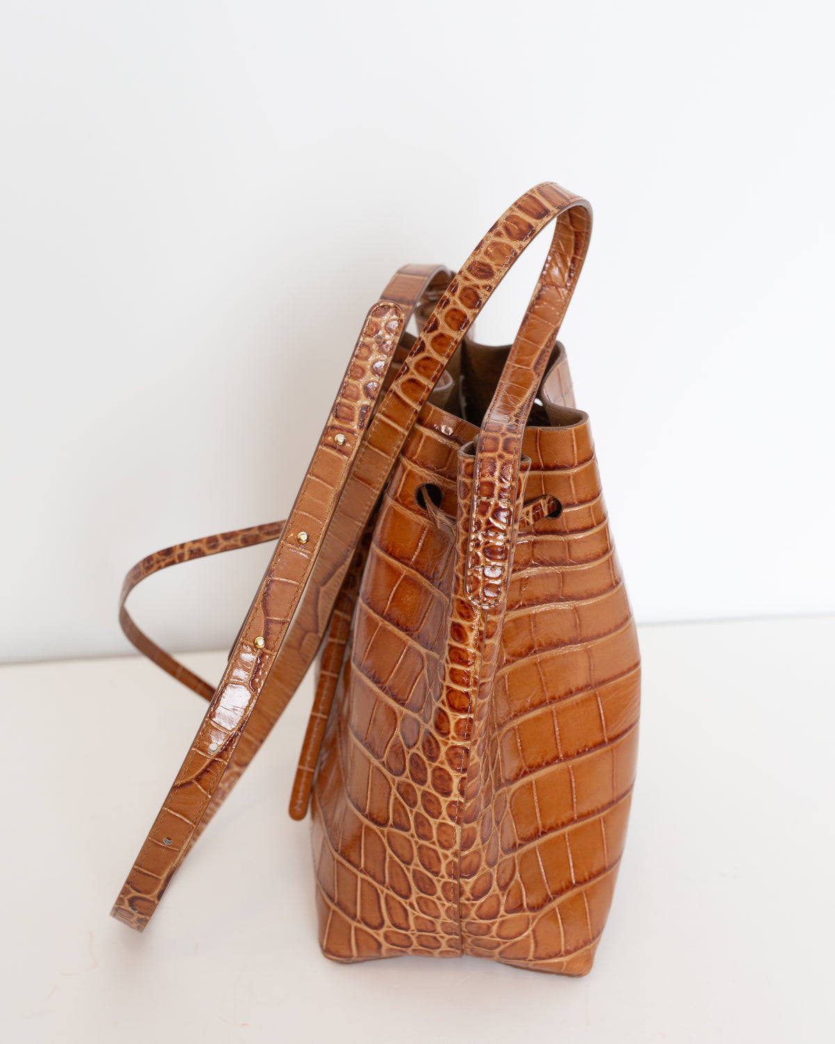 Mansur Gavriel Mini Croc-Embossed Leather Bucket Bag – Cognac Brown