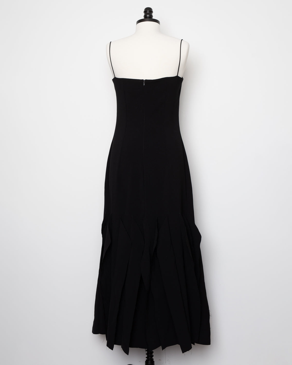 A.W.A.K.E. Mode Lip Choker black crepe midi dress, back view on mannequin
