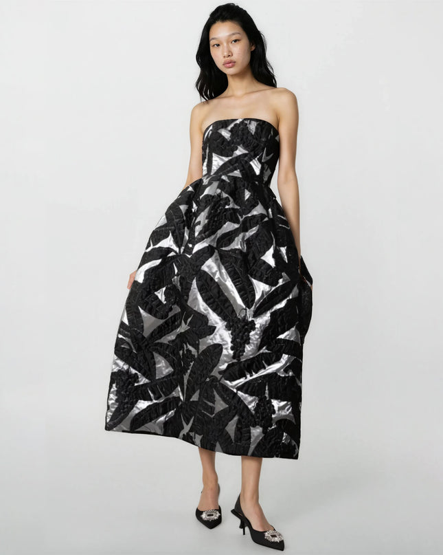 Oscar de la Renta Black Strapless Jacquard Midi Dress – Size 10