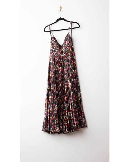 Ieena for Mac Duggal Pleated Printed Charmeuse Asymmetrical Midi Dress