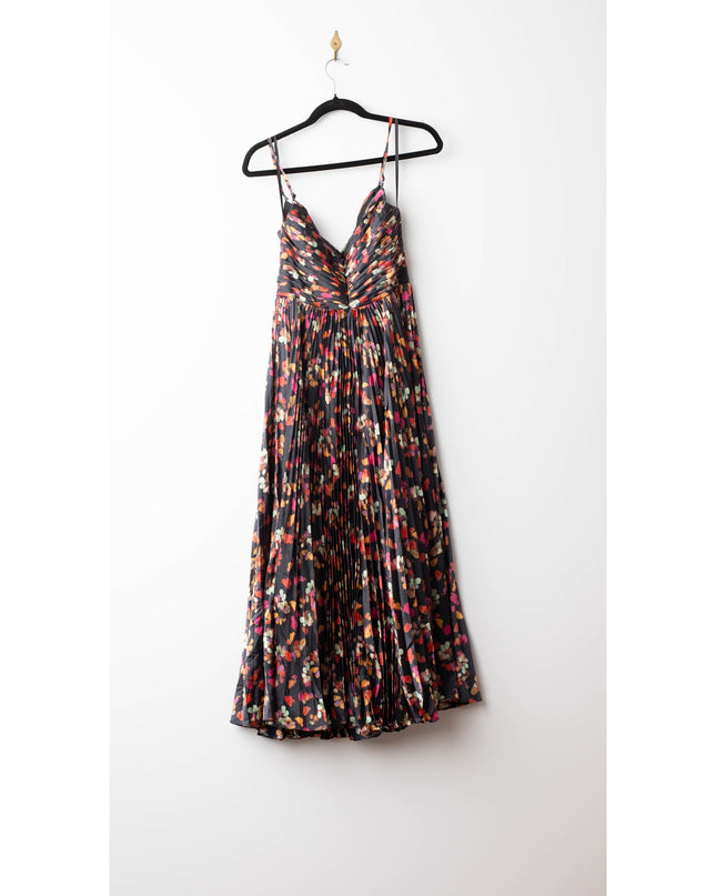 Ieena for Mac Duggal Pleated Printed Charmeuse Asymmetrical Midi Dress