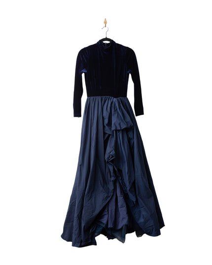 Marchesa Notte blue velvet gown with high neckline and long sleeves, pre-owned designer dress