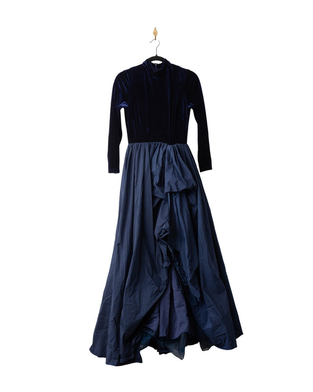 Marchesa Notte blue velvet gown with high neckline and long sleeves, pre-owned designer dress