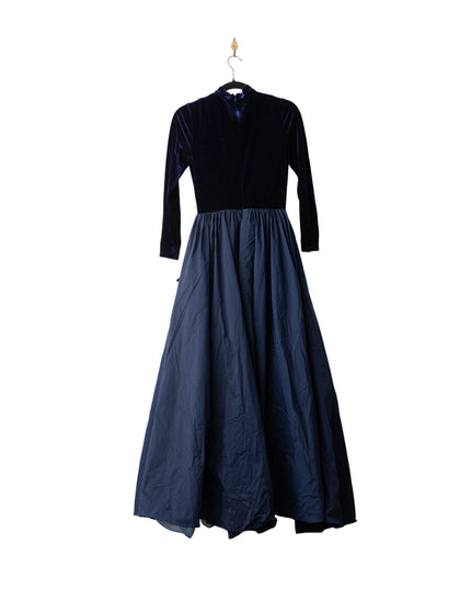 Marchesa Notte Blue Velvet High Neckline Gown