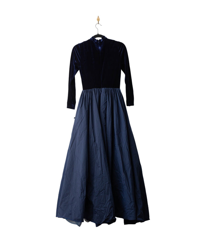 Marchesa Notte Blue Velvet High Neckline Gown