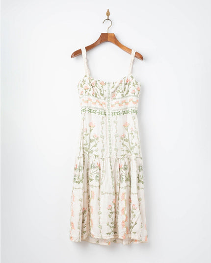 Agua by Agua Bendita Nispero Floral Linen Dress – Ruffled Strap Midi (Size XL) - Wind & Song