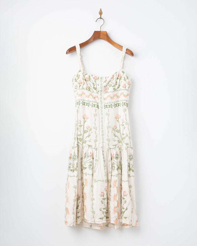 Agua by Agua Bendita Nispero Floral Linen Dress – Ruffled Strap Midi (Size XL) - Wind & Song