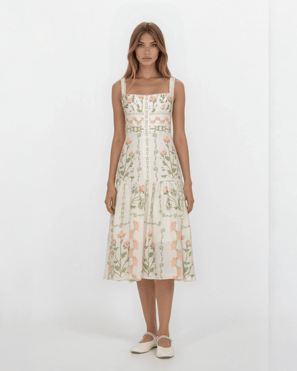 Agua by Agua Bendita Nispero Floral Linen Dress – Ruffled Strap Midi (Size XL) - Wind & Song