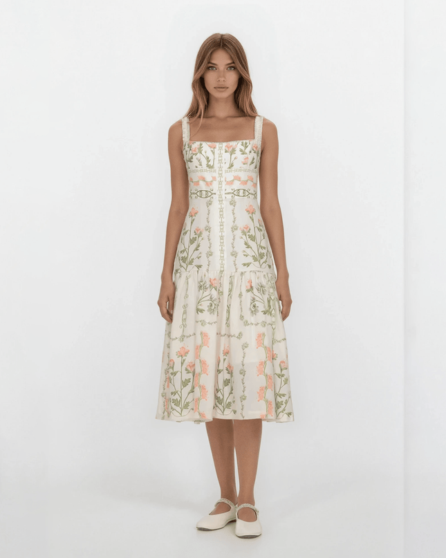 Agua by Agua Bendita Nispero Floral Linen Dress – Ruffled Strap Midi (Size XL) - Wind & Song