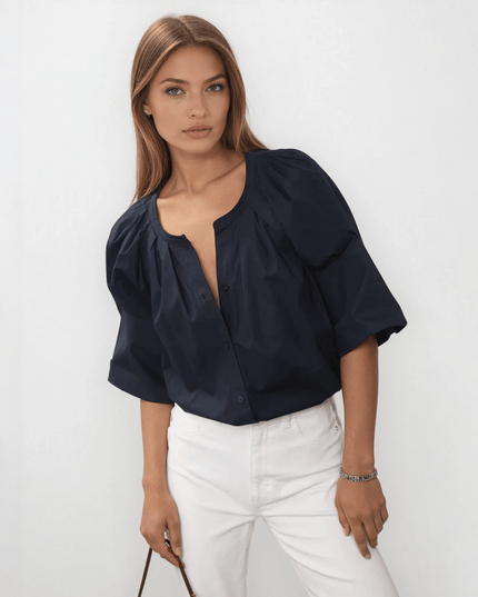 A.L.C. Chloe Blue Cotton Puff Sleeve Blouse – 3/4 Sleeve Crew Neck Button - Down - Wind & Song