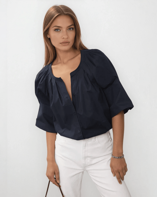 A.L.C. Chloe Blue Cotton Puff Sleeve Blouse – 3/4 Sleeve Crew Neck Button - Down - Wind & Song