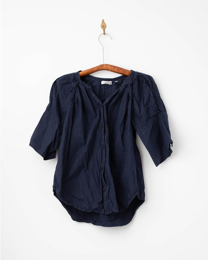 A.L.C. Chloe Blue Cotton Puff Sleeve Blouse – 3/4 Sleeve Crew Neck Button - Down - Wind & Song