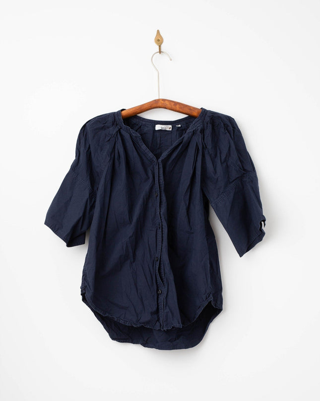 A.L.C. Chloe Blue Cotton Puff Sleeve Blouse – 3/4 Sleeve Crew Neck Button - Down - Wind & Song