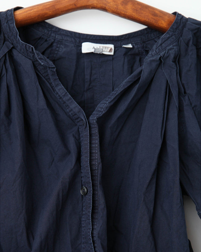 A.L.C. Chloe Blue Cotton Puff Sleeve Blouse – 3/4 Sleeve Crew Neck Button - Down - Wind & Song