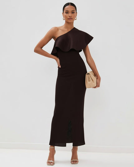 Altuzarra Knit Vivi Dress with Satin Ruffle in Charred Oak - Wind & Song