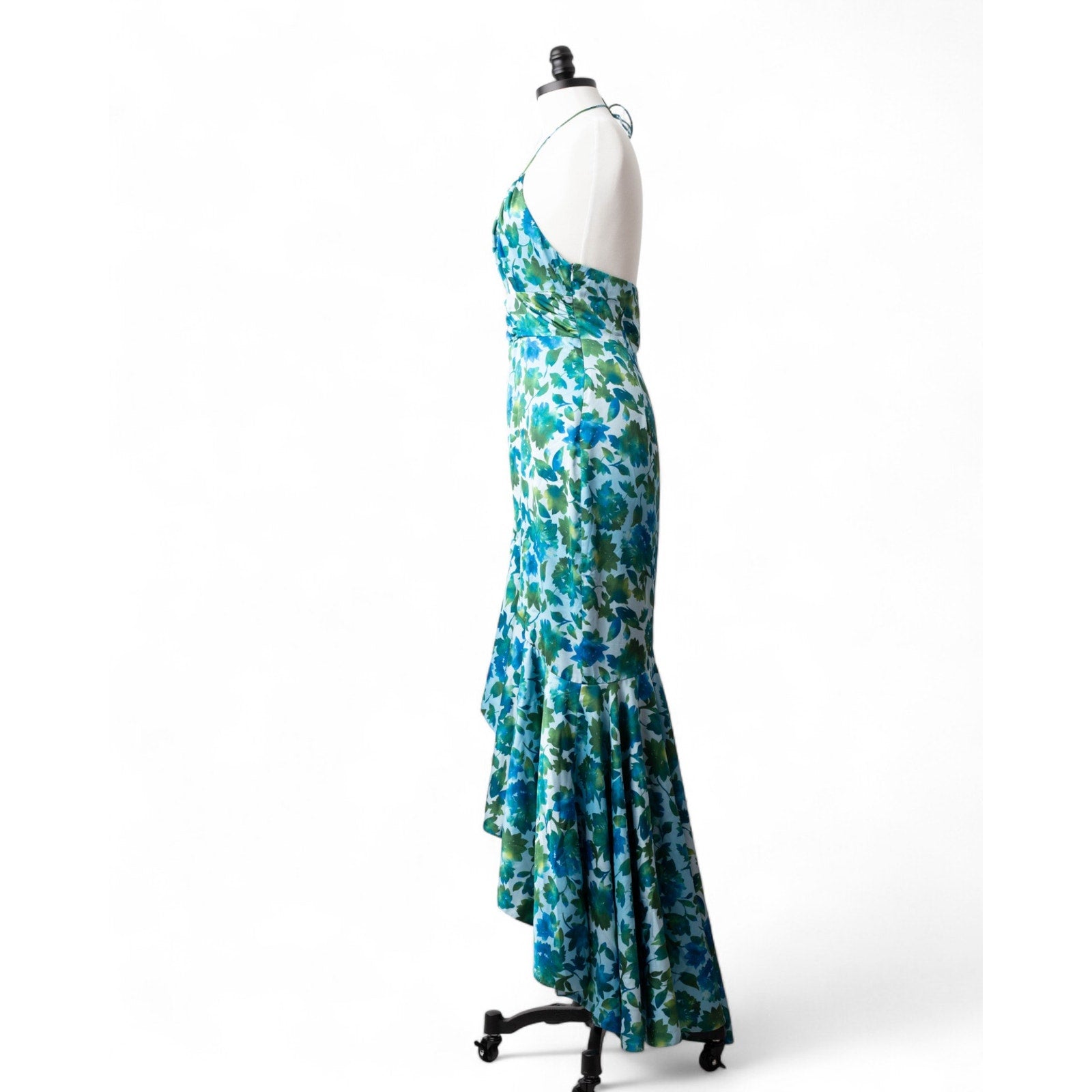 AMUR Blue Floral Halter Gown with Ruffle Detail (Size 8) - Wind & Song