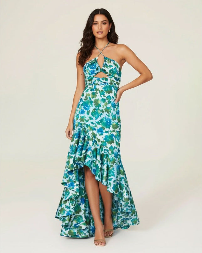 AMUR Blue Floral Halter Gown with Ruffle Detail (Size 8) - Wind & Song