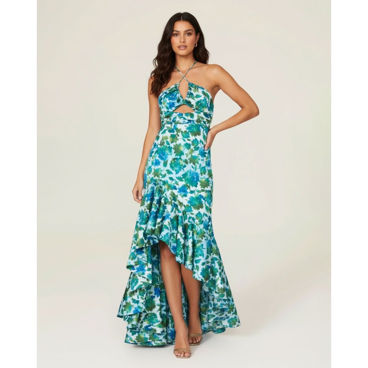 AMUR Blue Floral Halter Gown with Ruffle Detail (Size 8) - Wind & Song