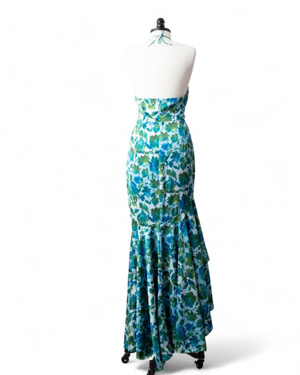 AMUR Blue Floral Halter Gown with Ruffle Detail (Size 8) - Wind & Song