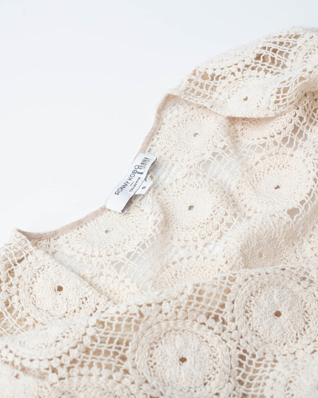 Ronny Kobo x RTR Sheer Crochet Beige Knit Dress