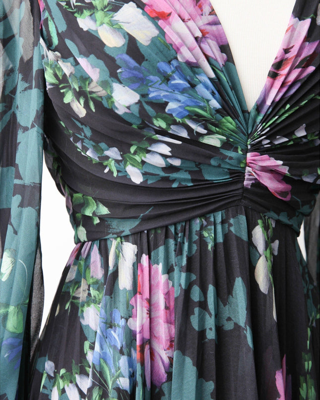 Badgley Mischka Black Floral Ruffled Gown (Size 0) - Wind & Song