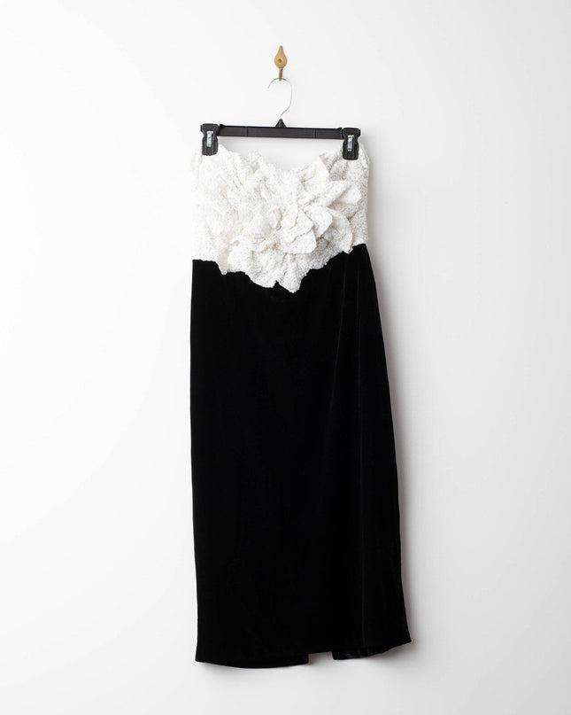 Badgley Mischka Black Velvet with White Rose Bodice Dress - Wind & Song