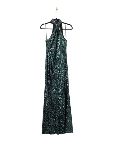 Badgley Mischka Emerald Sequin Asymmetrical Halter Gown Size 6 - Wind & Song