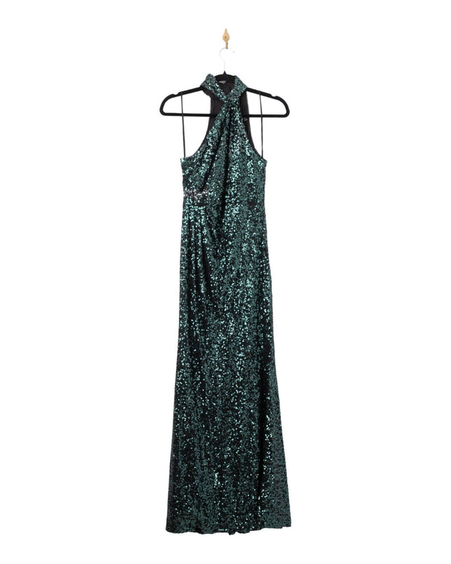 Badgley Mischka Emerald Sequin Asymmetrical Halter Gown Size 6 - Wind & Song