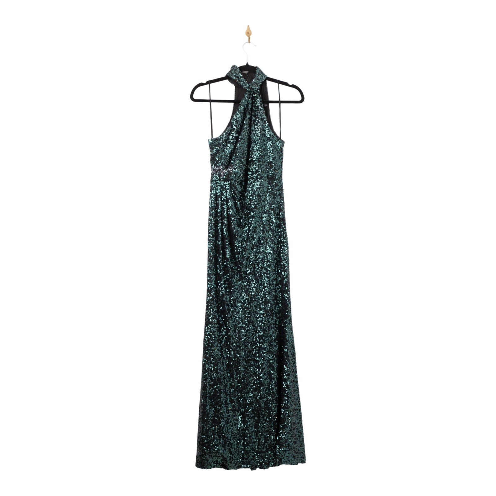Badgley Mischka Emerald Sequin Asymmetrical Halter Gown Size 6 - Wind & Song
