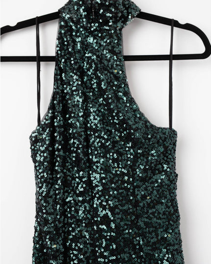 Badgley Mischka Emerald Sequin Asymmetrical Halter Gown Size 6 - Wind & Song