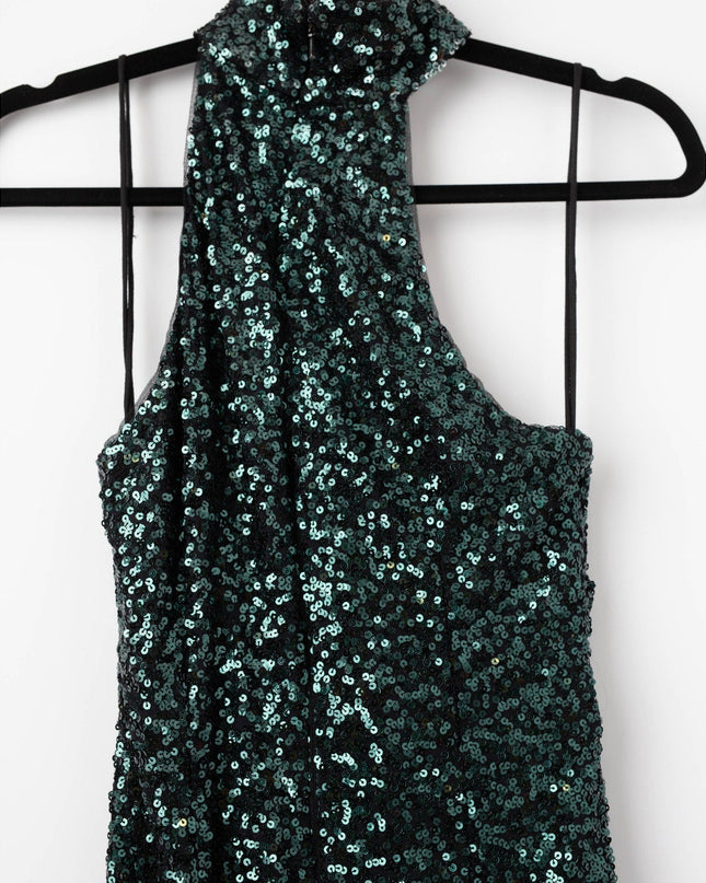 Badgley Mischka Emerald Sequin Asymmetrical Halter Gown Size 6 - Wind & Song