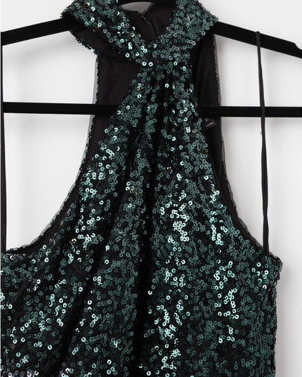 Badgley Mischka Emerald Sequin Asymmetrical Halter Gown Size 6 - Wind & Song