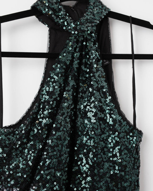 Badgley Mischka Emerald Sequin Asymmetrical Halter Gown Size 6 - Wind & Song