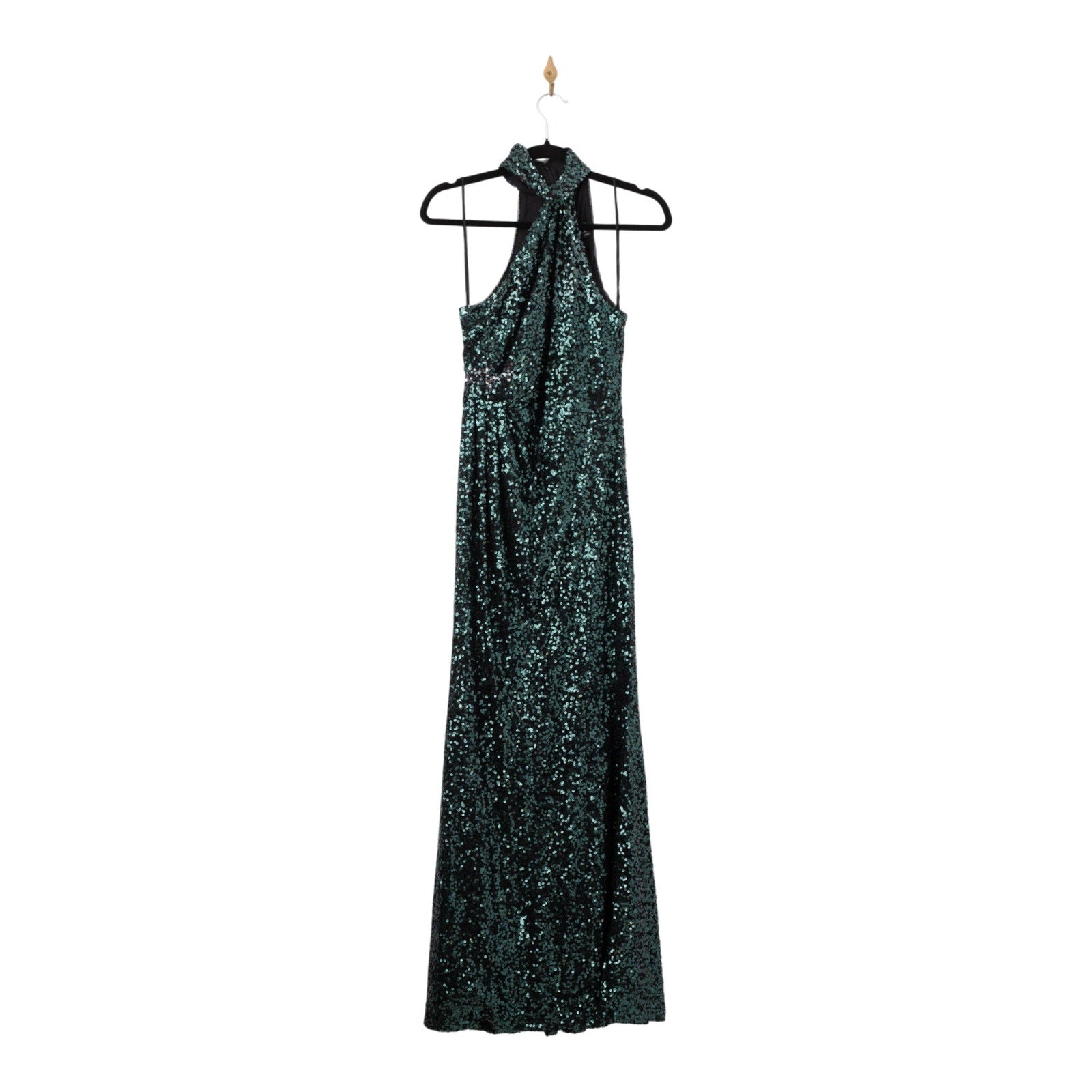 Badgley Mischka Emerald Sequin Asymmetrical Halter Gown Size 6 - Wind & Song