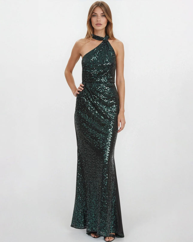 Badgley Mischka Emerald Sequin Asymmetrical Halter Gown Size 6 - Wind & Song