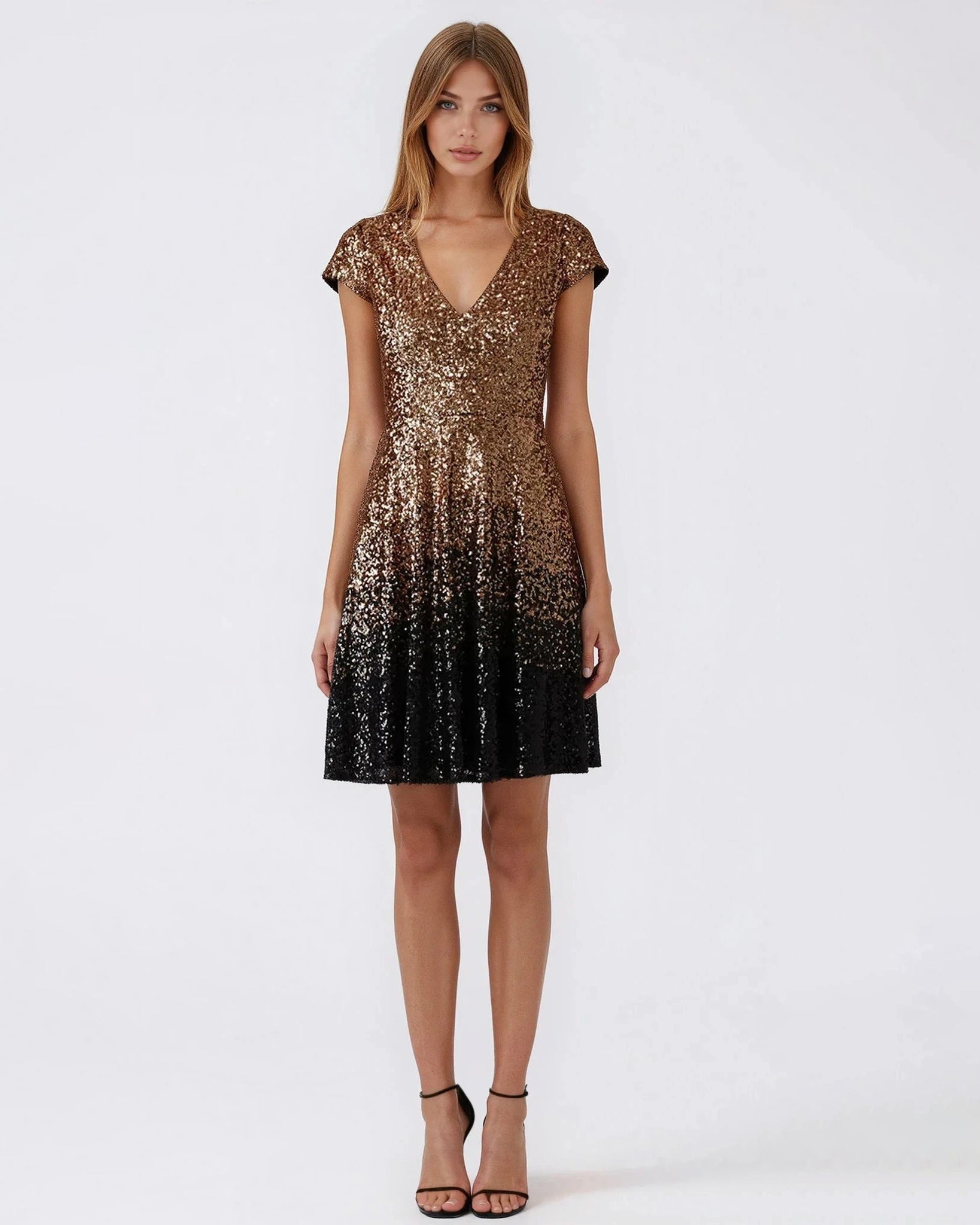 Badgley Mischka Ombre Natasha Sequin Dress – Gold & Black – Size 8 - Wind & Song