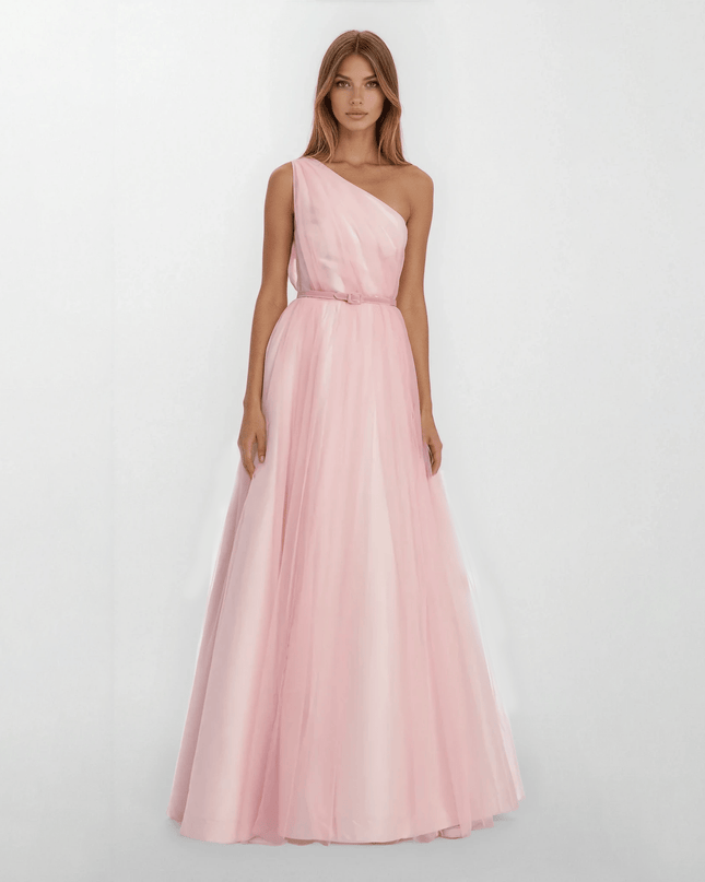 Badgley Mischka Pink One Shoulder Tulle Gown - Wind & Song