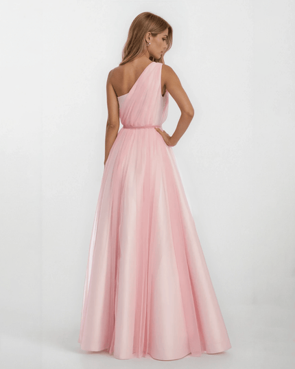 Badgley Mischka Pink One Shoulder Tulle Gown - Wind & Song
