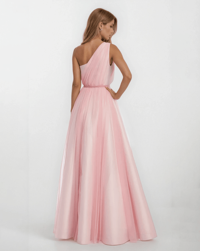 Badgley Mischka Pink One Shoulder Tulle Gown - Wind & Song