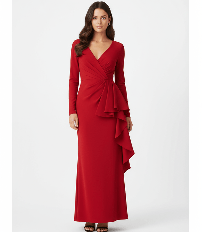 Badgley Mischka Red Front Ruffle Gown - Wind & Song
